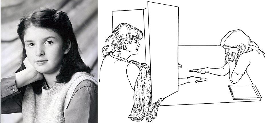 左：Emily Rosa 11歲時的留影，取自維基百科。右：Emily Rosa施測現場素描，取自Rosa et al. (1998) Figure 1